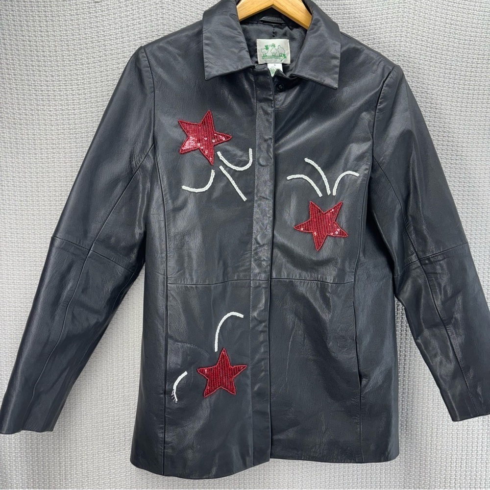 Vtg Quacker Factory USA Flag Sequined 100% Leather Jacket Women Sz S Patriotic - Picture 2 of 6